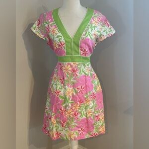 Lilly Pulitzer “garden Vista” linen Pink elephant print tie waist sun dress M